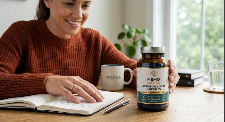 Woman studying while holding Memo Matrix Cognitive Boost Capsules