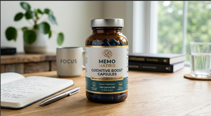 Memo Matrix Cognitive Boost Capsules bottle on a desk with notebook